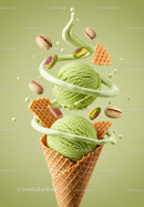 Pistachio Ice Cream Scoops with Waffle Cone and Nuts