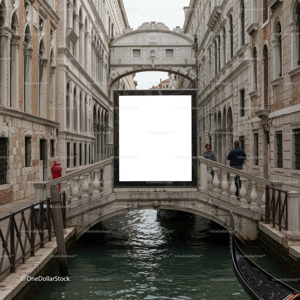 Ancient Venetian canal with ornate stone bridge and gondola JPG Mockup Image