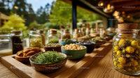 Herbal Tea Ingredients and Aromatic Spices Display in Natural Kitchen