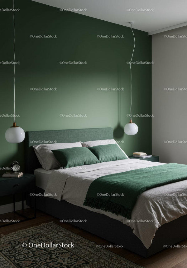 Modern Bedroom with Green Accent Wall and Stylish Decor