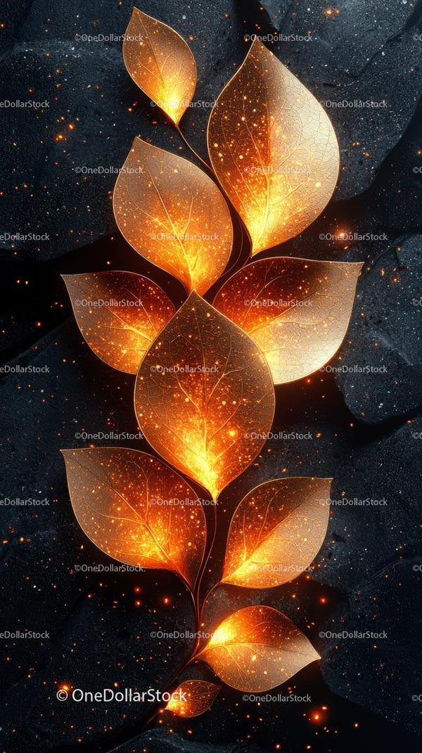 Golden Glow of Illuminated Autumn Leaves on Dark Background