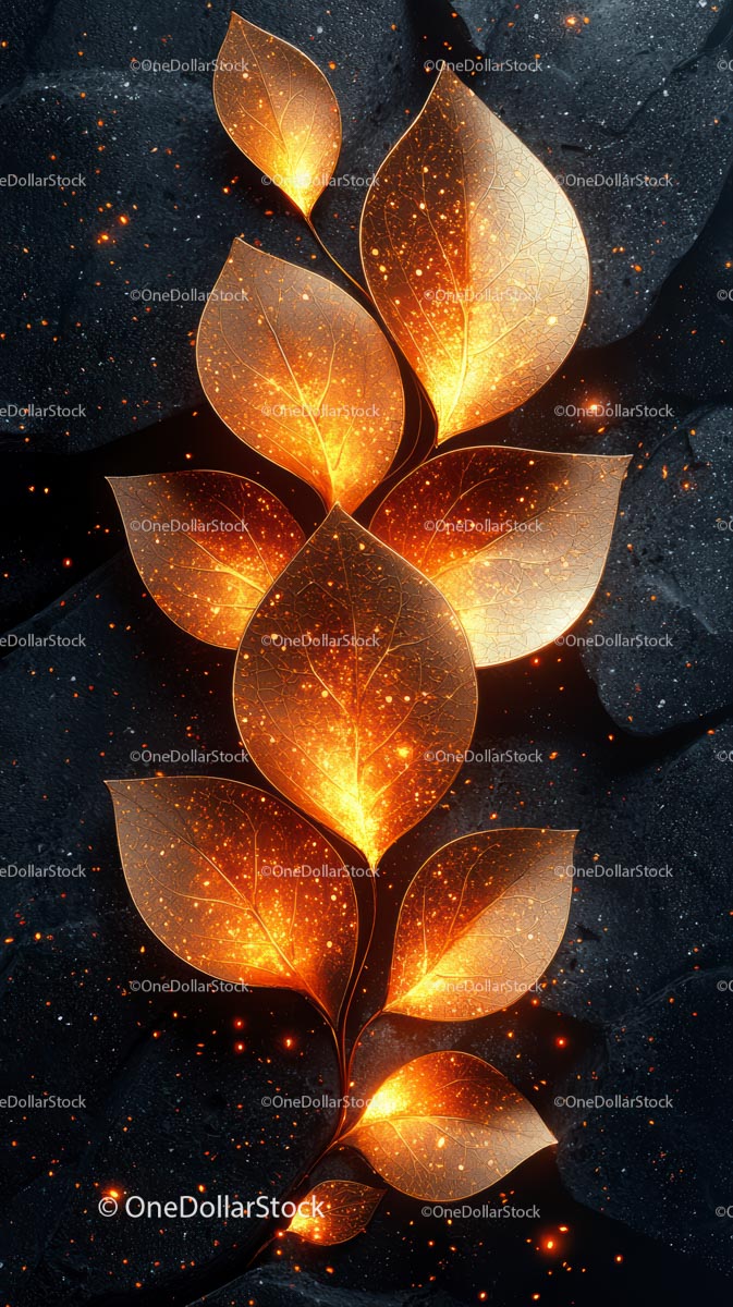 Golden Glow of Illuminated Autumn Leaves on Dark Background