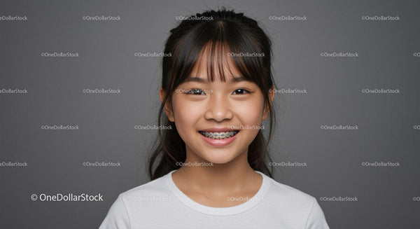 Young Girl Smiling with Braces in Studio Portrait