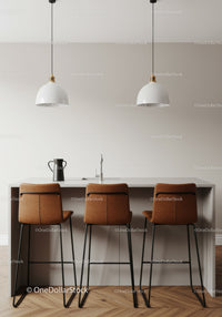 Modern Kitchen with White Island and Brown Leather Bar Stools