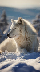 Majestic Arctic Wolf Relaxing in a Snowy Winter Landscape