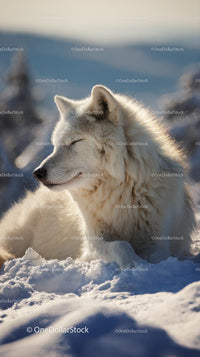Majestic Arctic Wolf Relaxing in a Snowy Winter Landscape
