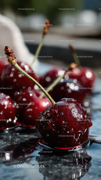 Close-up of Juicy Red Cherries with Water Drops