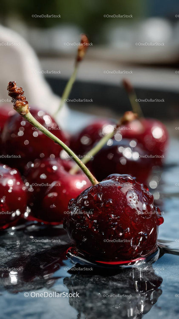 Close-up of Juicy Red Cherries with Water Drops