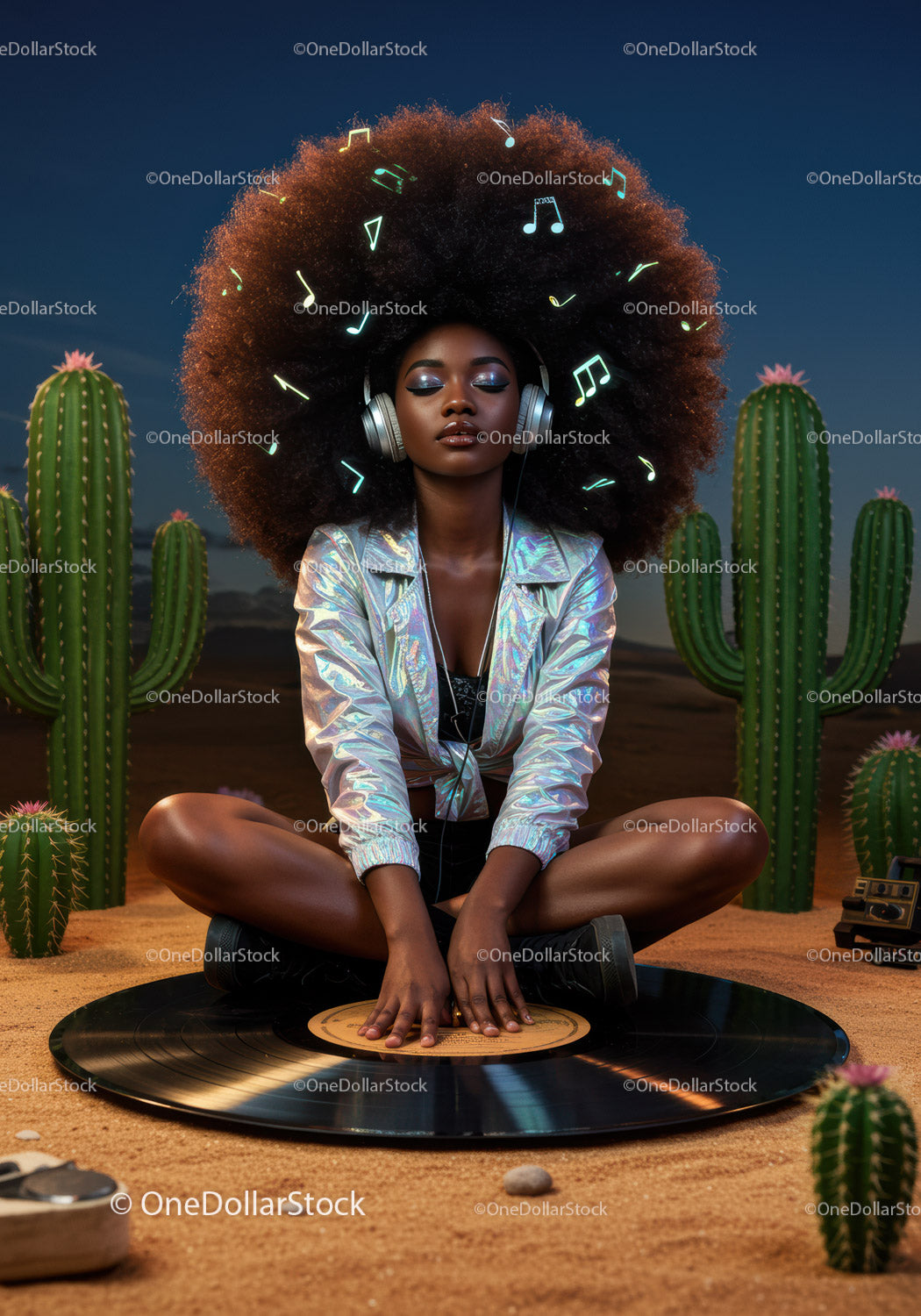 Woman with Afro Listening to Music on Giant Vinyl Record