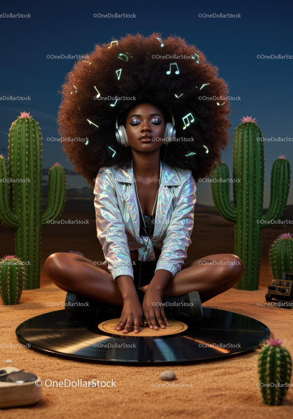 Kobieta z Afro słuchająca muzyki na ogromnej płycie winylowej