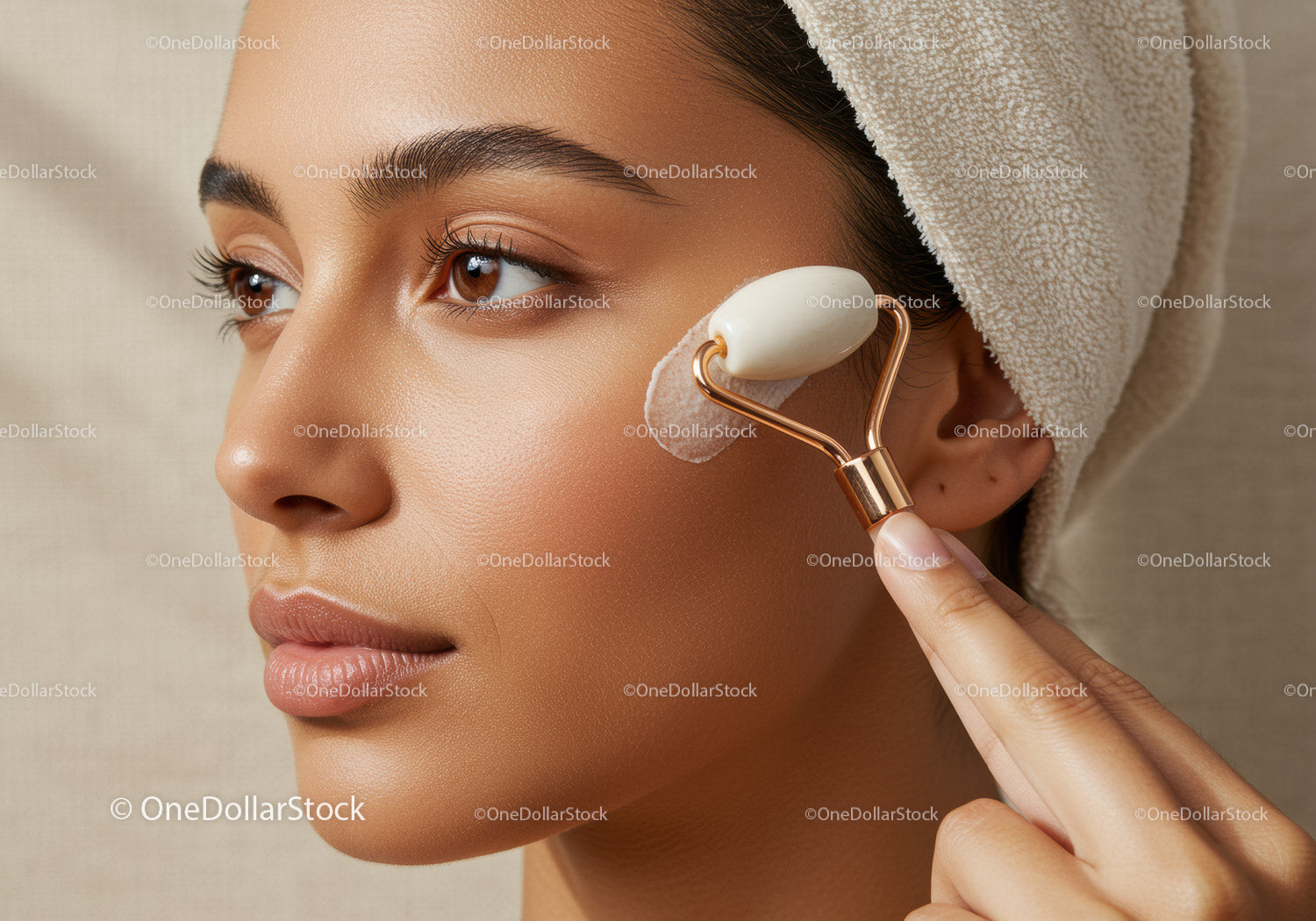 Woman Using Facial Roller for Skin Rejuvenation and Relaxation