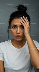 Close-up Portrait of an Emotionally Stressed Woman with Hand on Forehead