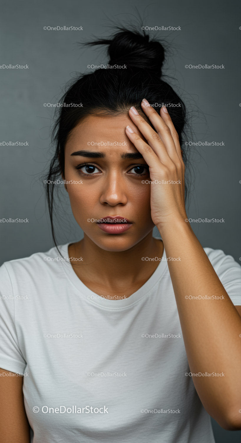 Close-up Portrait of an Emotionally Stressed Woman with Hand on Forehead