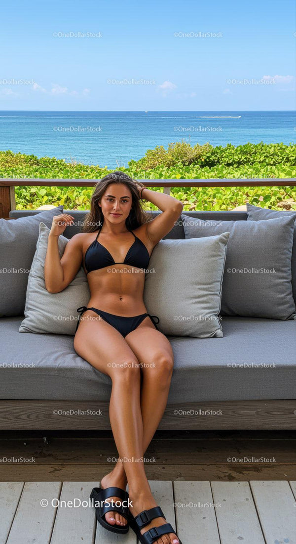 Young Woman Relaxing in Bikini with Scenic Ocean View