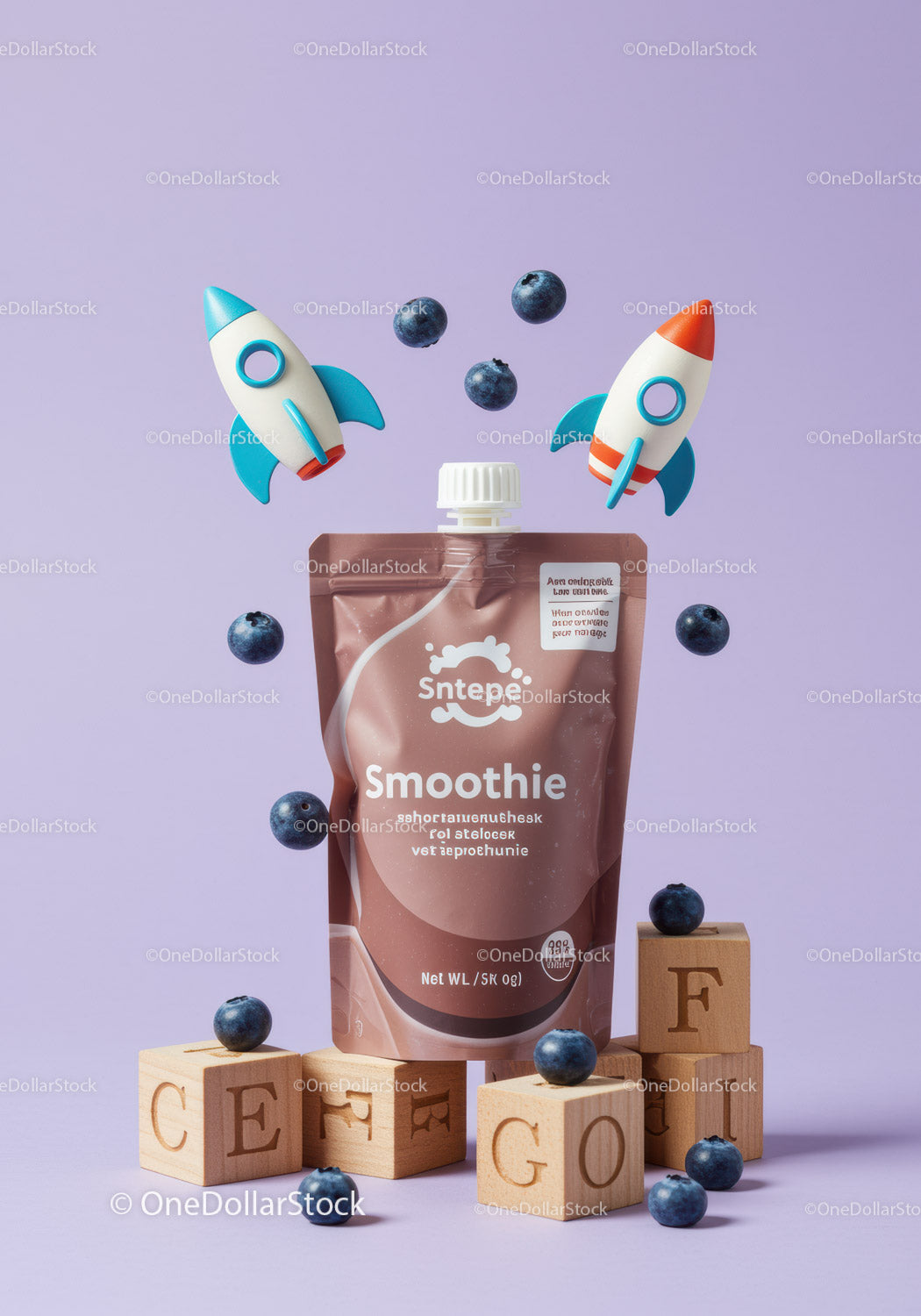 Blueberry smoothie pouch with playful rocket toys and blocks