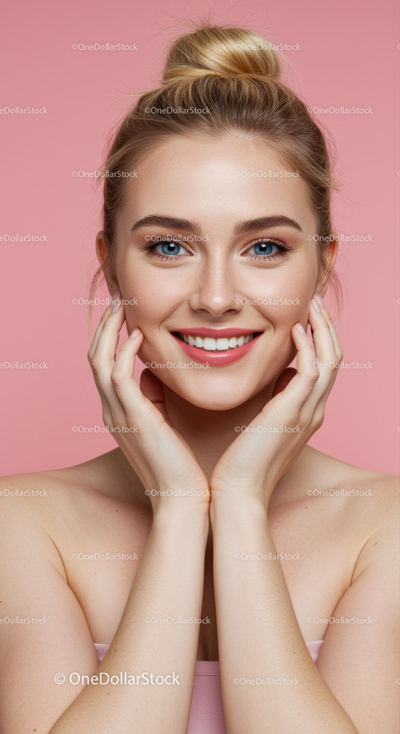 Portret uśmiechniętej kobiety o czystej skórze i blond włosach