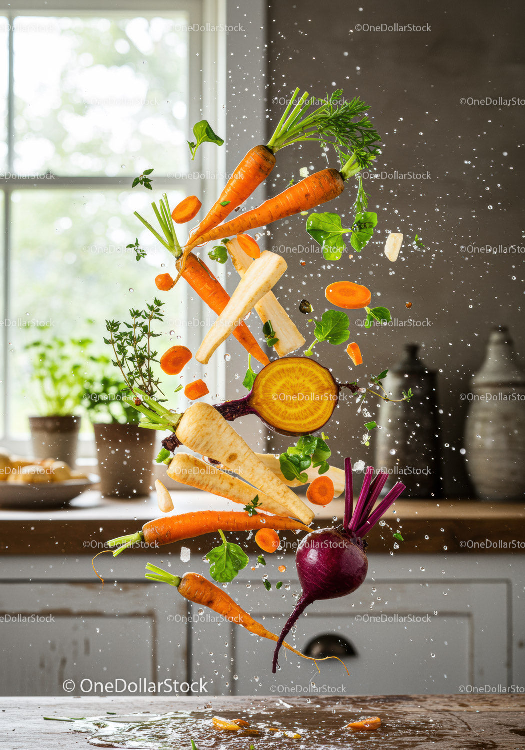 Fresh Vegetables Splashing in Modern Kitchen Light