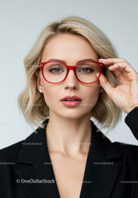 Stylish blonde woman in red glasses posing for a fashion portrait