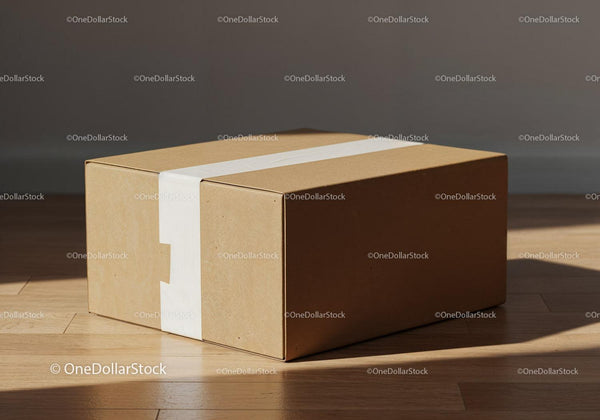 Closed cardboard box sealed with white tape on floor JPG Mockup Image
