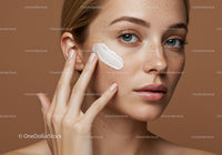 Woman Applying Face Cream for Skincare Routine with Blue Eyes