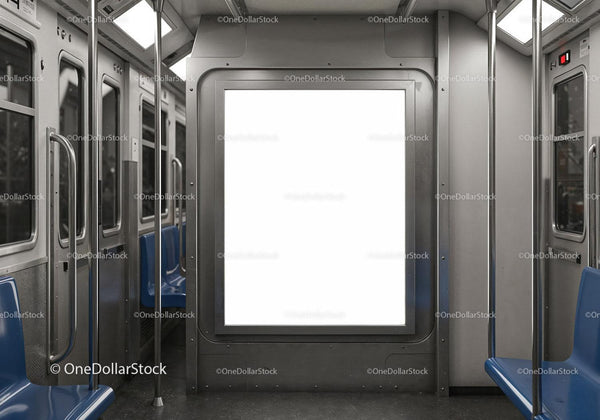 Empty subway car with bright blank advertisement space JPG Mockup Image