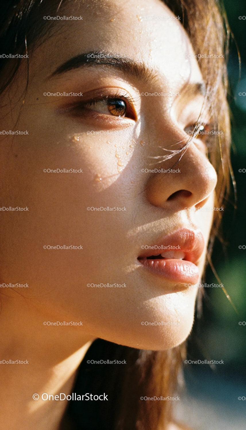 Close-up of woman’s fresh face with dewy skin