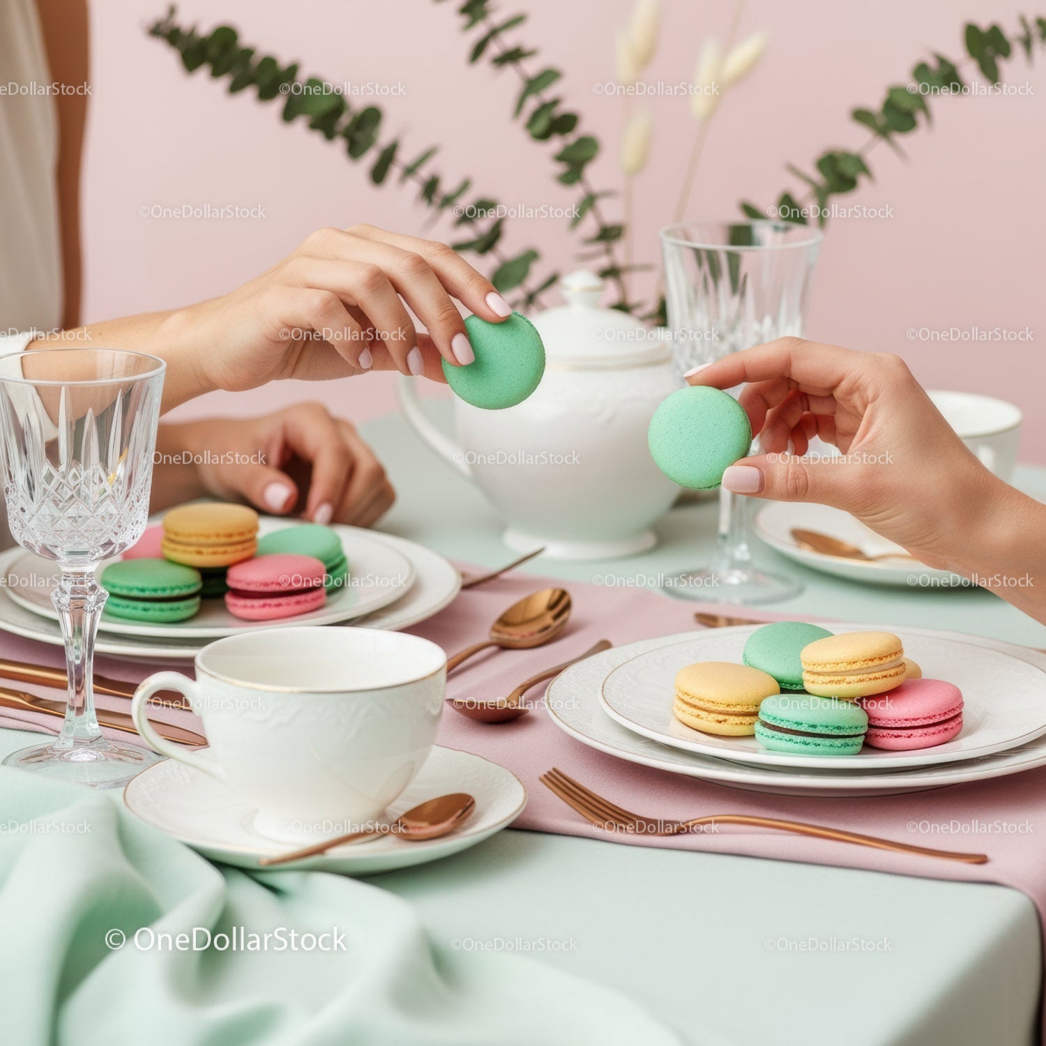 Colorful Macarons Decorated Table in Elegant Setting for Tea Party