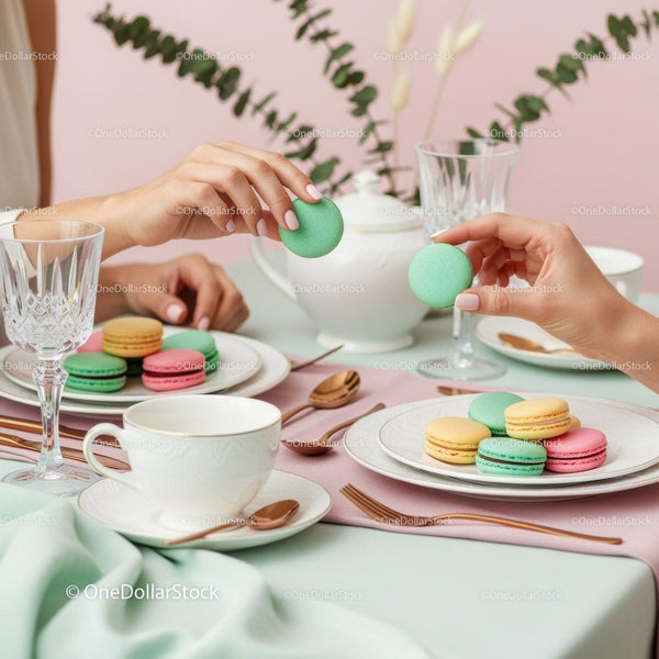 Colorful Macarons Decorated Table in Elegant Setting for Tea Party