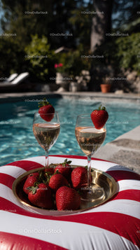 Strawberries and Sparkling Wine by Poolside for Summer Celebration