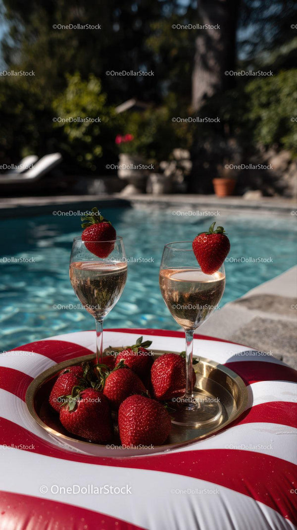 Strawberries and Sparkling Wine by Poolside for Summer Celebration