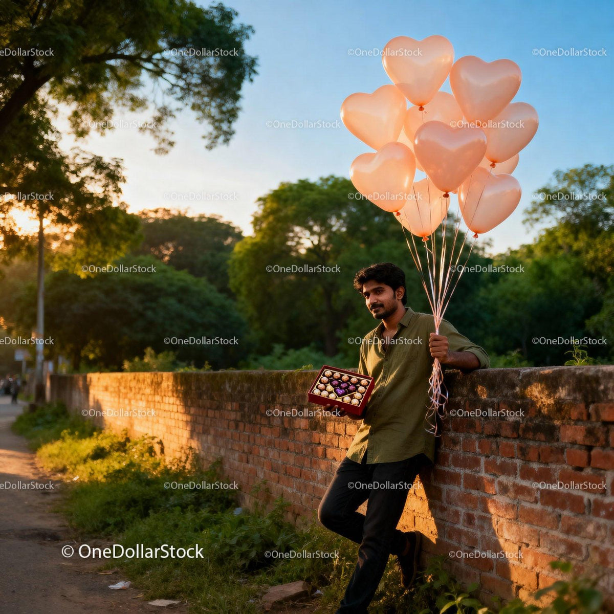 Man Holding Heart Balloons and Chocolates Outdoors