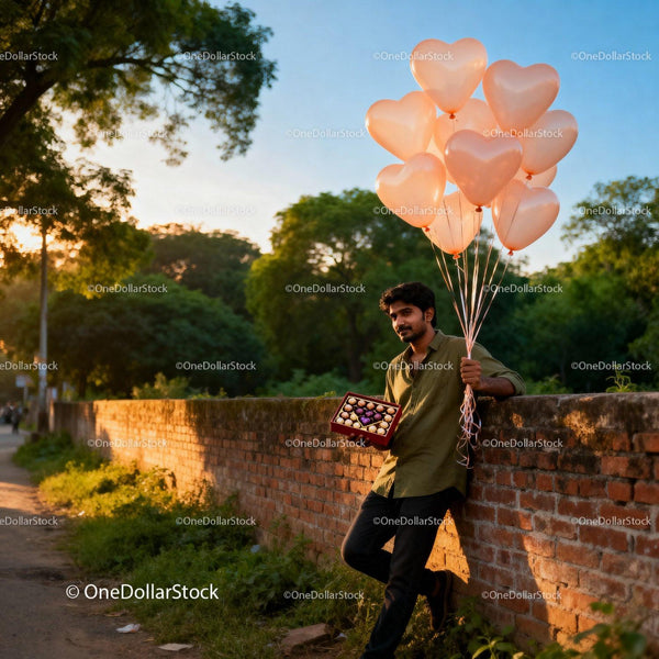Man Holding Heart Balloons and Chocolates Outdoors