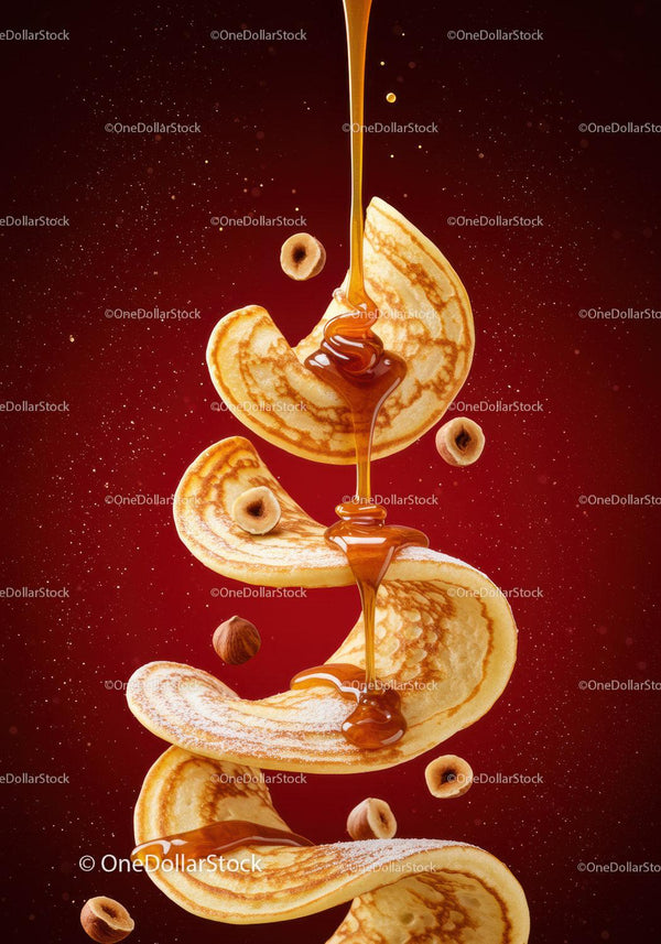 Golden syrup drizzling on flying pancakes with hazelnuts