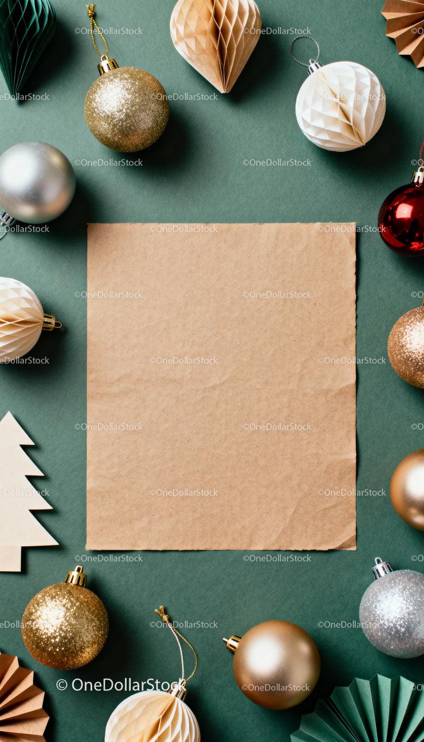Blank Paper Surrounded by Festive Christmas Ornaments JPG Mockup Image preview