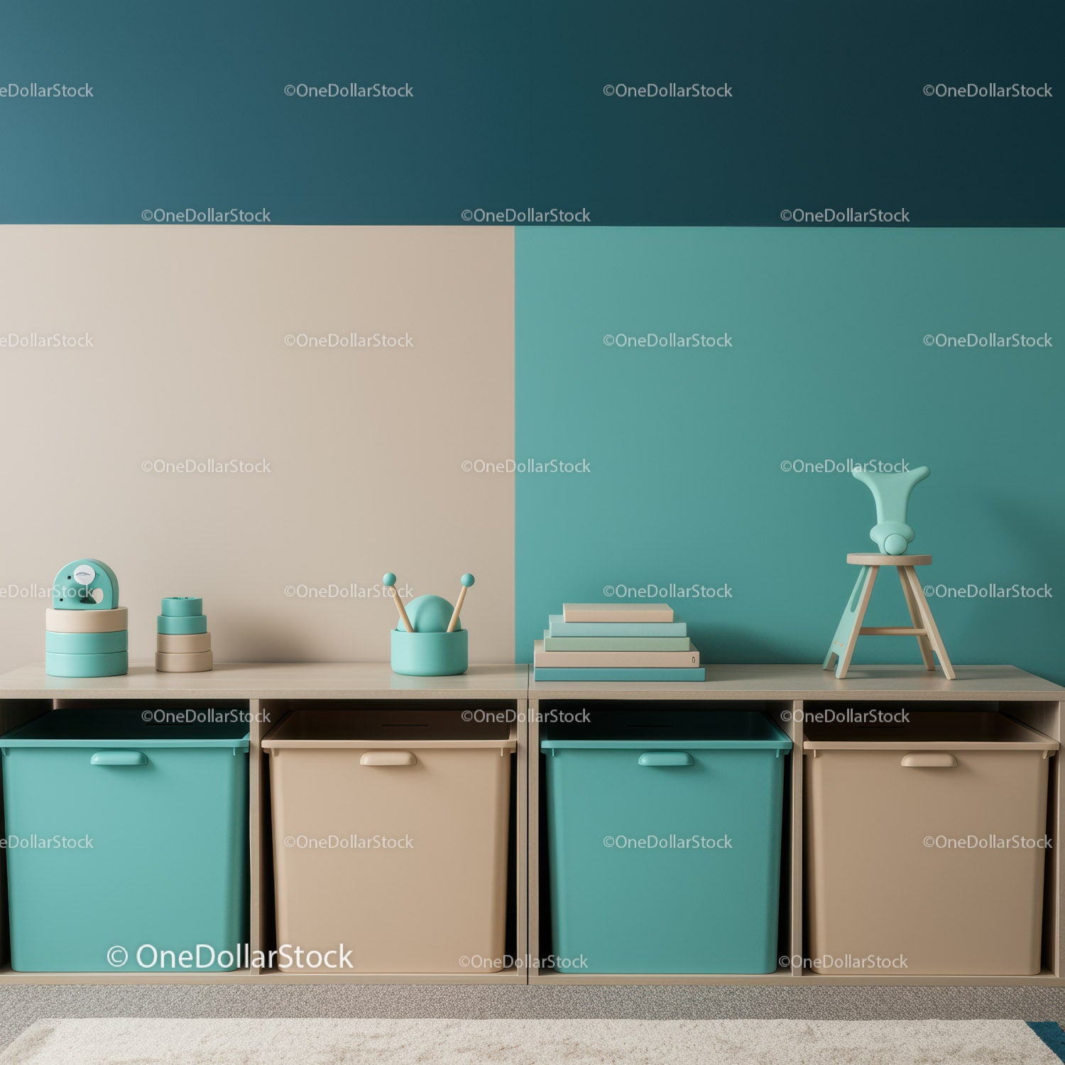 Colorful Baby Nursery Storage Bins in Pastel Blue and Beige for Kids Room