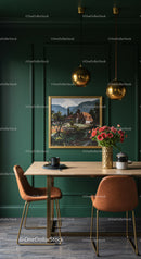 Stylish Dining Room with Green Wall and Copper Pendant Lights