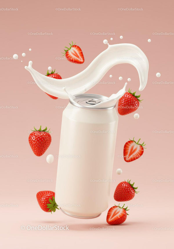 Refreshing Milk Splash with Fresh Strawberries and Can JPG Mockup Image