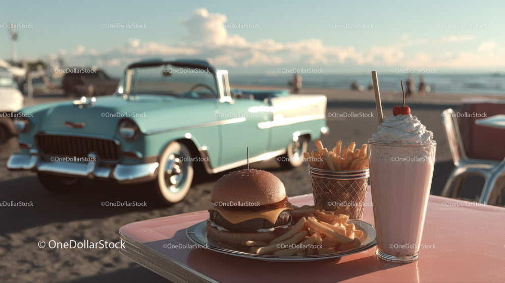 Vintage Car and Beachside Outdoor Dining Scene with Burger and Milkshake