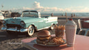 Vintage Car and Beachside Outdoor Dining Scene with Burger and Milkshake