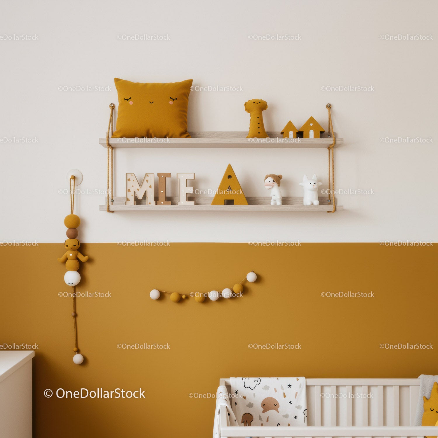 Modern Nursery Decor with Wooden Shelves and Plush Toys