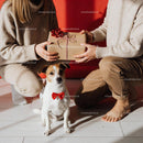 Cozy Christmas gift exchange with dog wearing red bow tie