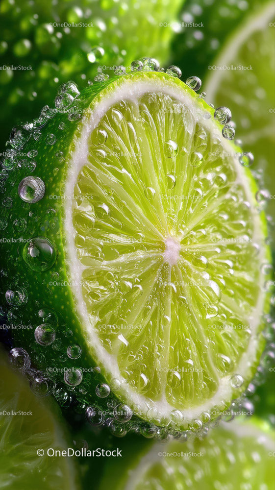 Świeży plaster limonki z bąbelkami i żywym zielonym kolorem