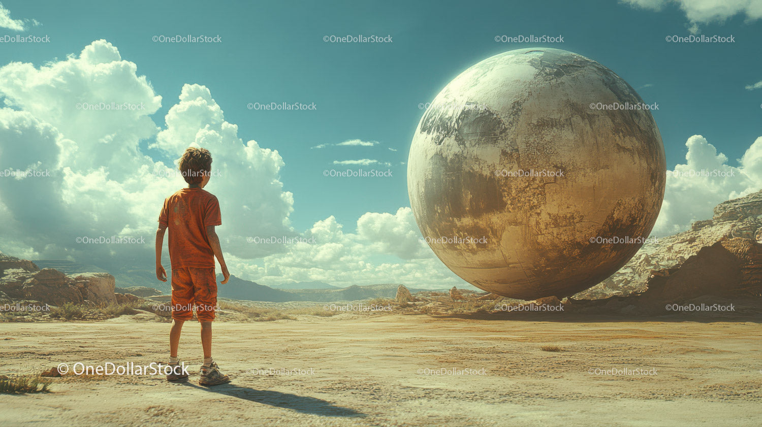 Child in Desert Facing Futuristic Metallic Sphere Under Vivid Sky