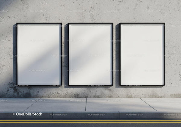 Three blank posters on weathered urban concrete wall JPG Mockup Image