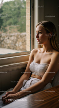 Contemplative Young Woman Sitting by Window in Indoor Cozy Atmosphere