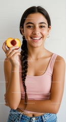 Young Woman with Bright Smile Holding Juicy Peach in Casual Outfit