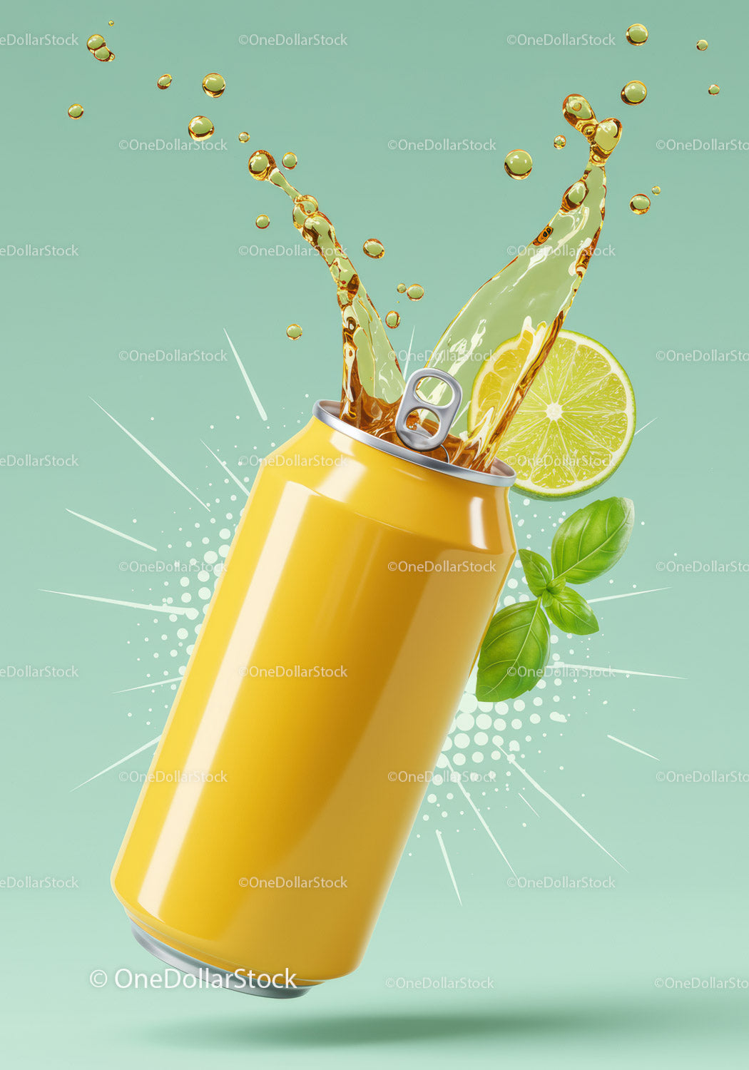 Refreshing Soda Splash with Lime and Basil Leaves