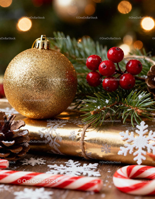 Festive Christmas decorations with golden bauble and berries
