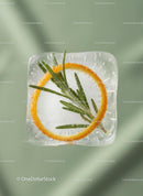 Ice Cube with Rosemary and Orange Slice on Green