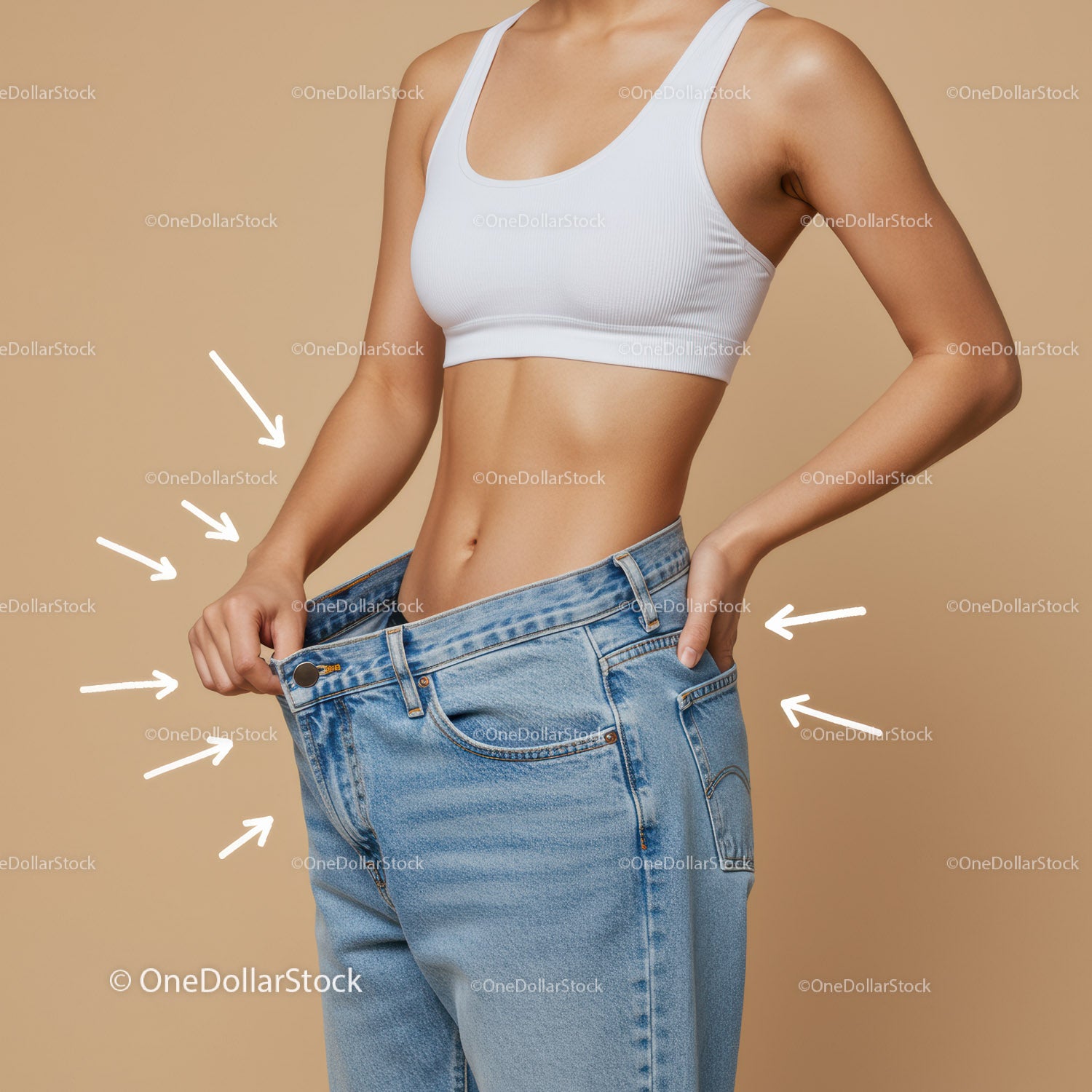 Woman in White Sports Bra and Oversized Jeans Measuring Waist